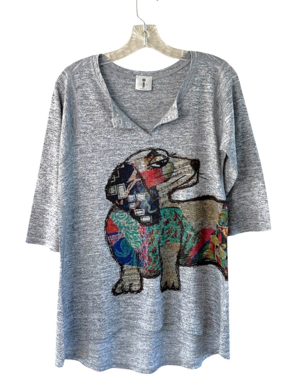 Inoah "Dapper Dog" Graphic Three Quarter Sleeve Split Neck Top, M, Whimsical